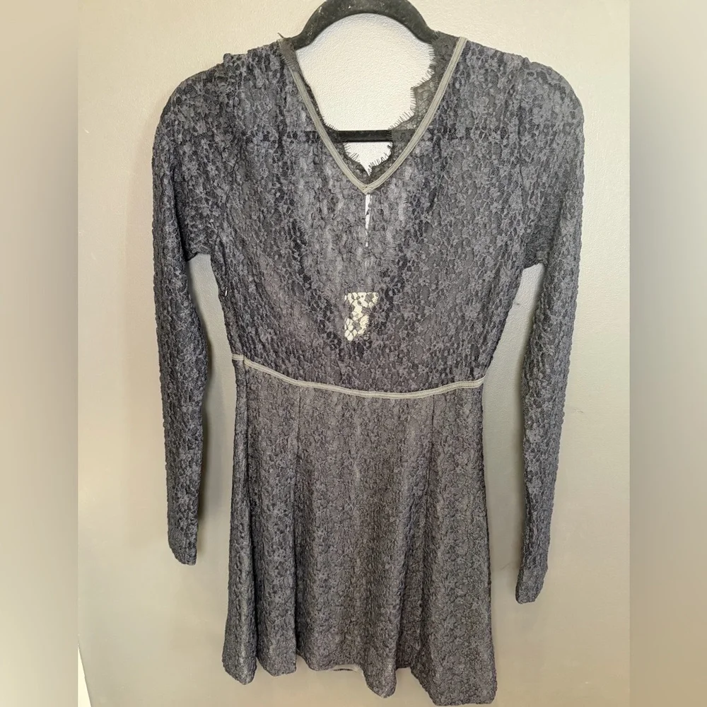 Free People Black Lace Textured Long Sleeve Tie Front Mini Dress‎ NWT Size Small